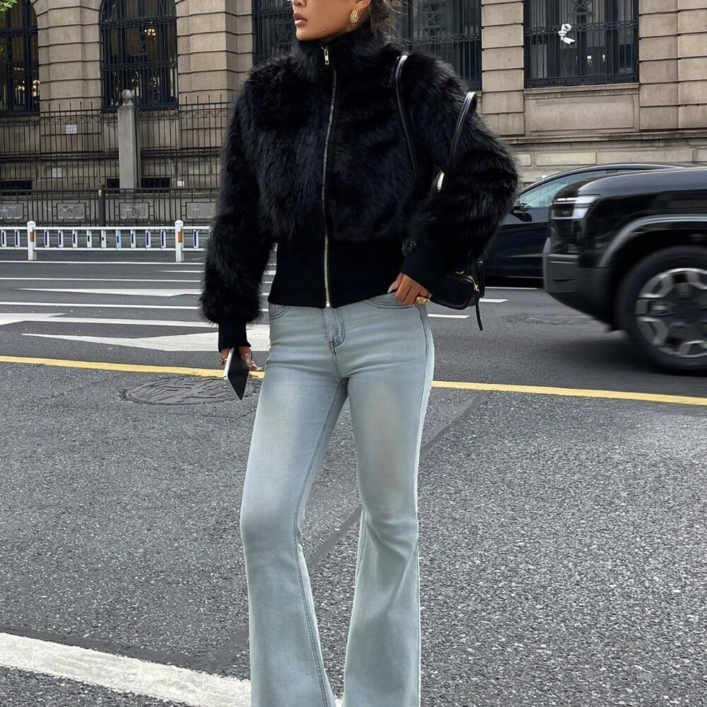 Black Casual Women's Minimalist Y2k Long Sleeve Faux Fur Jacket - Picture 5 of 8